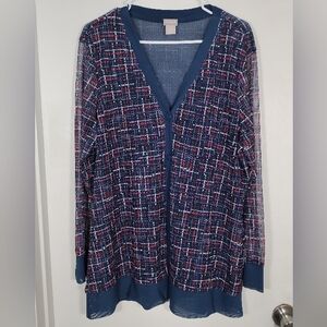 Chico's Tweed Mesh Cardigan Top Women's XL Classic Navy Sheer Button Long Sleeve